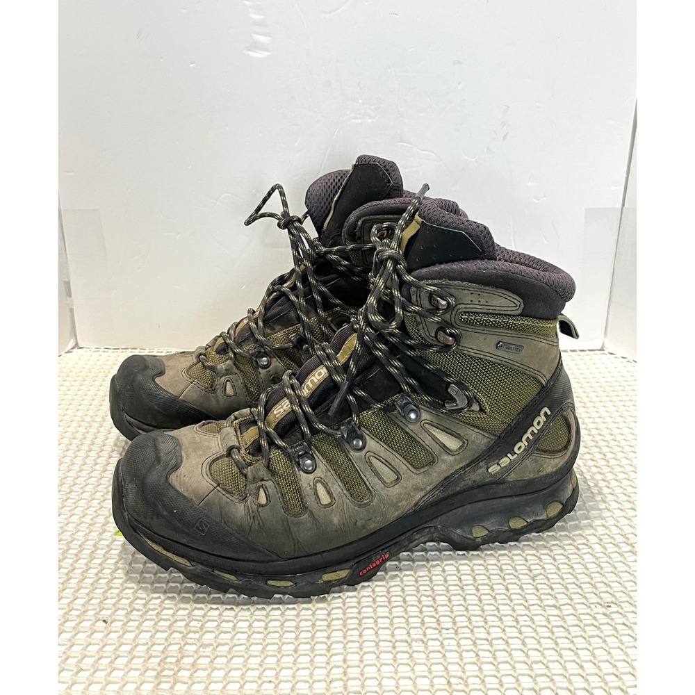 Salomon Quest 4D GTX Hiking Boots M's 10 Olive Green 2 hook missing stain tear